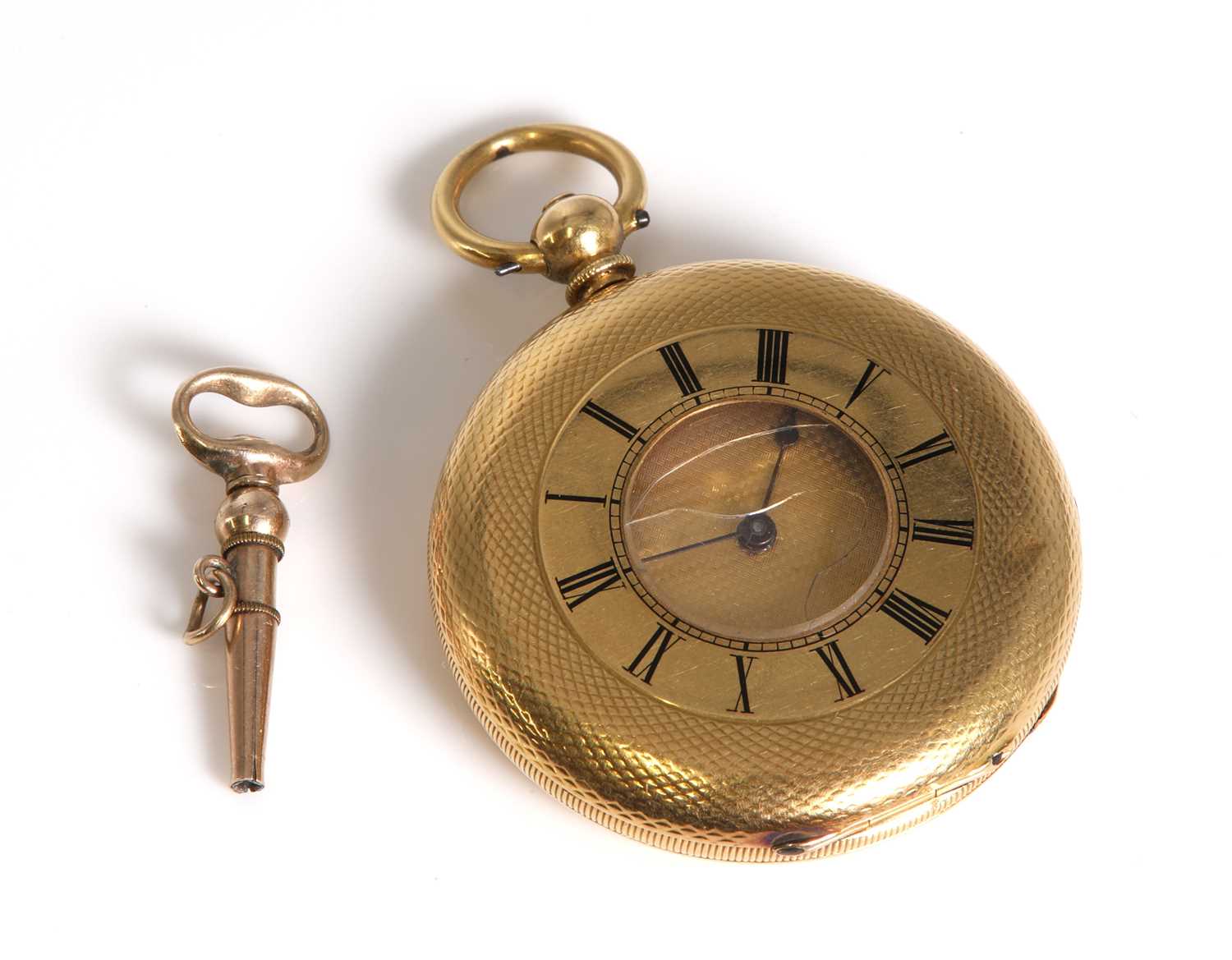 Lot 510 - A gold Swiss half Hunter key wound fob watch