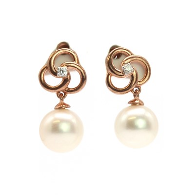 Lot 168 - A pair of 9ct rose gold diamond and cultured pearl drop earrings