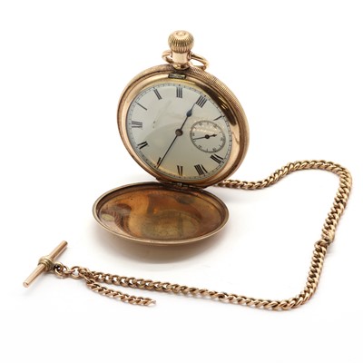 Lot 507 - A base metal full hunter pocket watch with the section of a 9ct gold  Albert chain