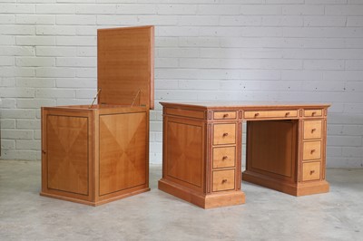 Lot 589 - A cherrywood and burlwood pedestal desk