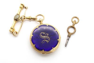 Lot 499 - A Swiss key wound enamel and diamond open faced fob watch