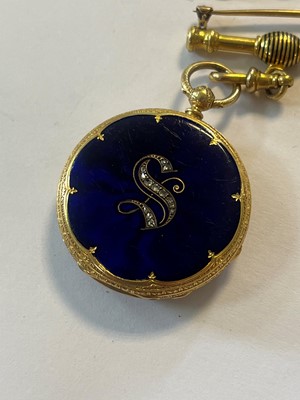 Lot 499 - A Swiss key wound enamel and diamond open faced fob watch