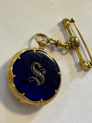 Lot 499 - A Swiss key wound enamel and diamond open faced fob watch