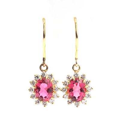 Lot 385 - A pair of pink tourmaline and diamond cluster earrings