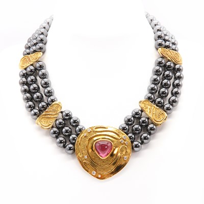 Lot 219 - A pink tourmaline and diamond three row haematite necklace, by Elizabeth Gage, c.1990