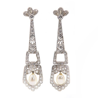 Lot 225 - A pair of Austrian Art Deco style cultured freshwater pearl and diamond drop earrings