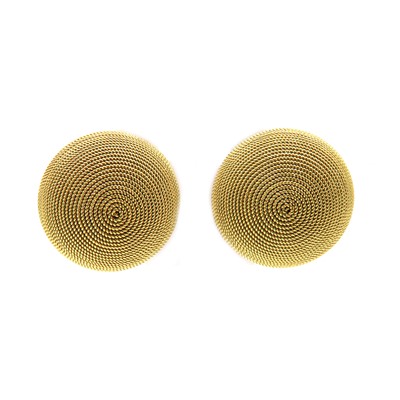 Lot 355 - A pair of 18ct yellow and white gold circular domed bombé form earrings