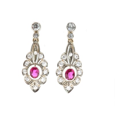 Lot 133 - A pair of Belle Epoch synthetic ruby and diamond drop earrings