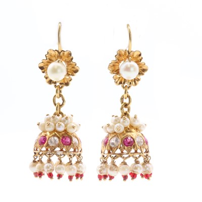 Lot 402 - A pair of Indian high carat gold Jumka style synthetic ruby, synthetic white sapphire and seed pearl drop earrings