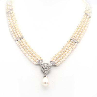 Lot 233 - A four row cultured freshwater pearl and diamond necklace/choker