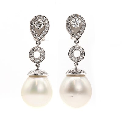 Lot 223 - A pair of cultured South Sea pearl and diamond drop earrings