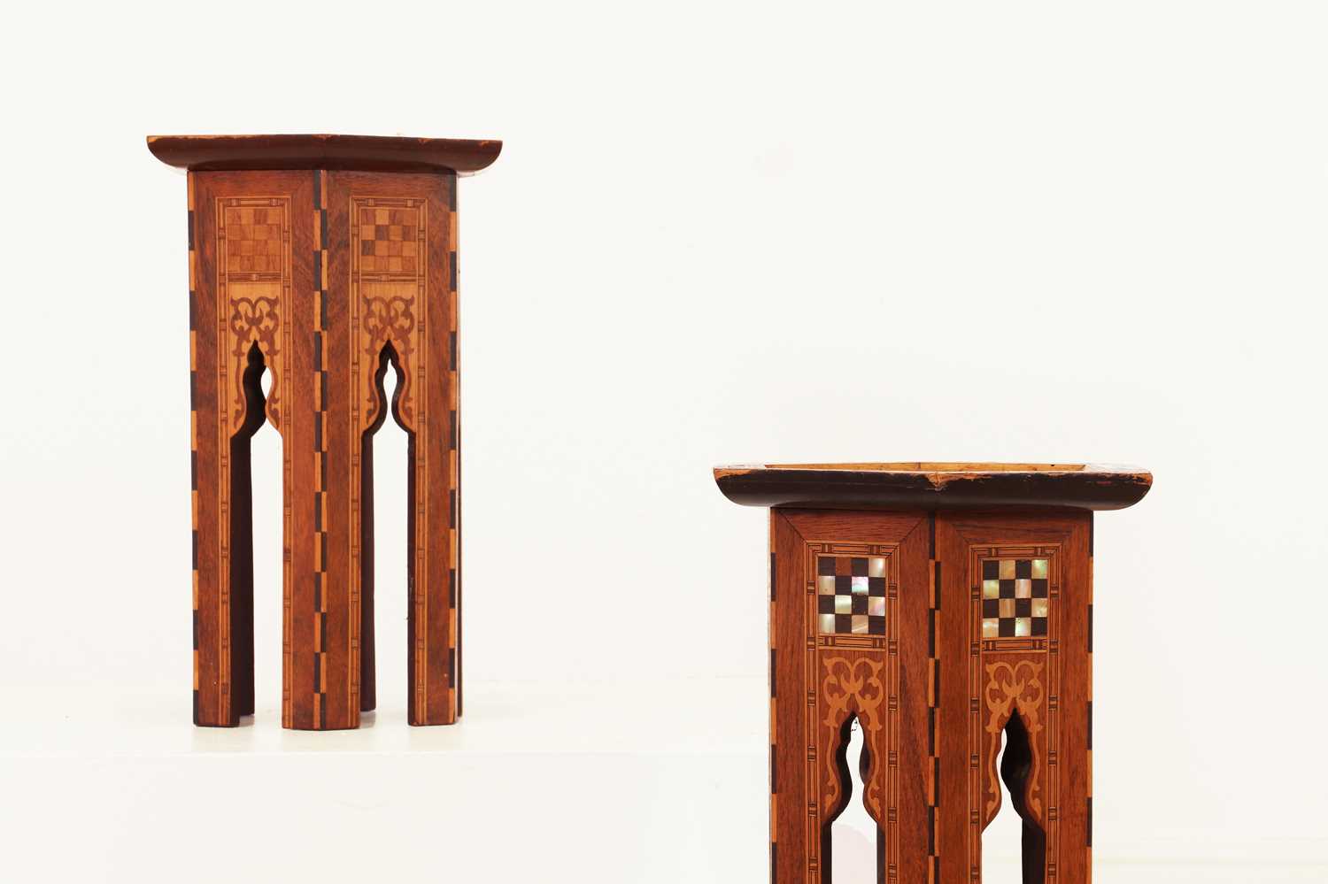 Lot 153 - A near pair of inlaid walnut and fruitwood wine tables