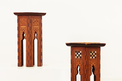 Lot 153 - A near pair of inlaid walnut and fruitwood wine tables