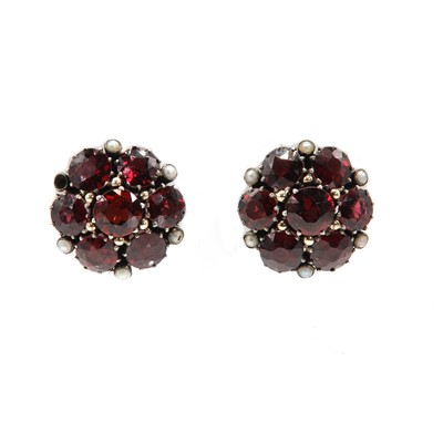 Lot 159 - A pair of Arts and Crafts garnet and split pearl cluster earrings, attributed to Dorrie Nossiter