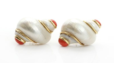 Lot 174 - A pair of Turbo shell and coral earrings, by Seaman Schepps