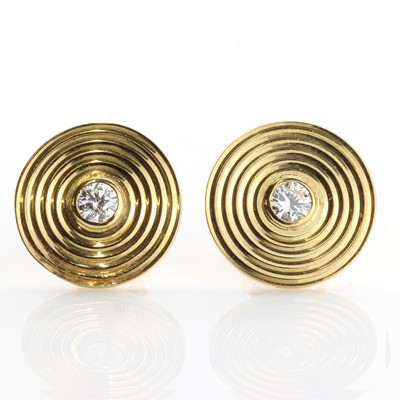 Lot 204 - A pair of 18ct gold diamond set disc style earrings, c.1980