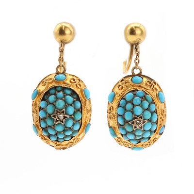 Lot 31 - A pair of Victorian diamond and turquoise earrings, c.1860