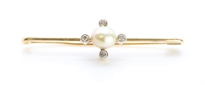 Lot 43 - An Edwardian pearl and diamond bar brooch with a semi baroque pearl