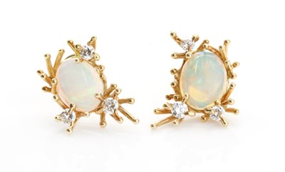 Lot 196 - A pair of abstract opal and diamond earrings