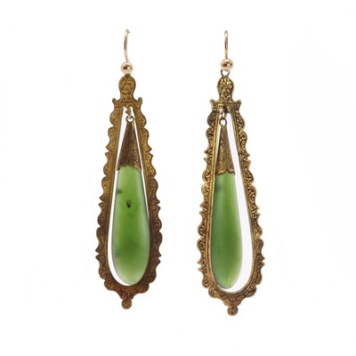 Lot 107 - A pair of gold nephrite drop earrings