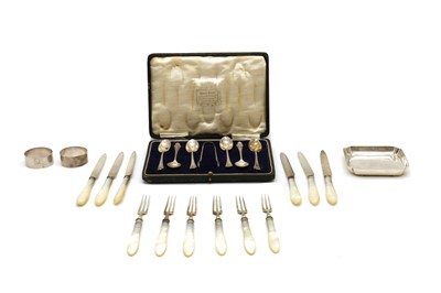 Lot 112 - A group of six mother of pearl and silver knives and forks