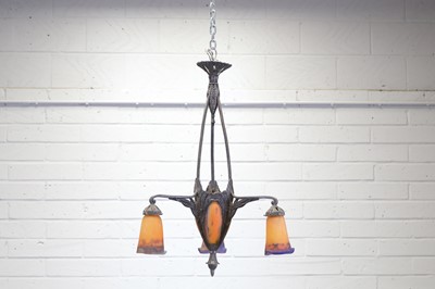 Lot 220 - A French silvered-bronze and mottled-glass chandelier