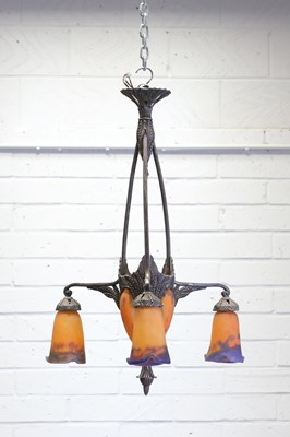 Lot 220 - A French silvered-bronze and mottled-glass chandelier
