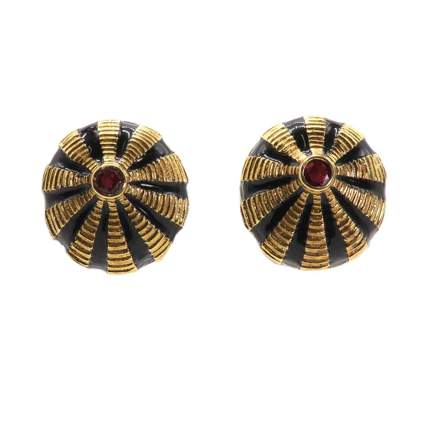 Lot 64 - A pair of 'Taj Mahal' enamel and ruby earrings, by  Jean Schlumberger for Tiffany & Co.