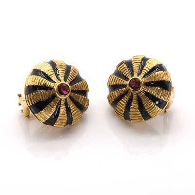 Lot 64 - A pair of 'Taj Mahal' enamel and ruby earrings, by  Jean Schlumberger for Tiffany & Co.