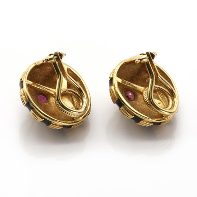 Lot 64 - A pair of 'Taj Mahal' enamel and ruby earrings, by  Jean Schlumberger for Tiffany & Co.