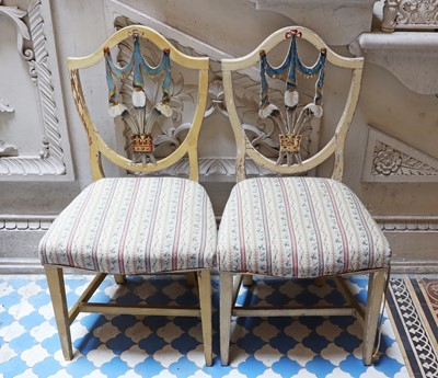 Lot 73 - ☘ A pair of Sheraton-style painted shield-back chairs