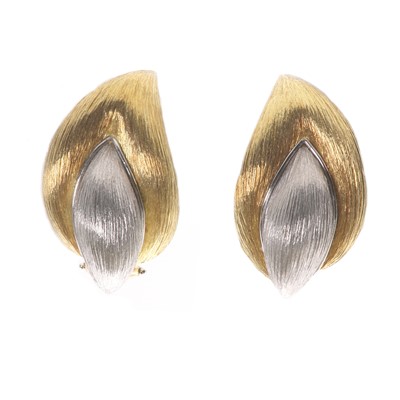 Lot 65 - A pair of two colour gold flame design earrings by Henry Dunay, c.1990