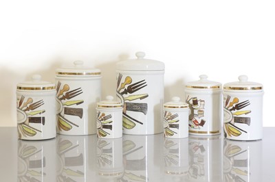 Lot 321 - A collection of six Italian Fornasetti porcelain spice jars