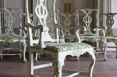 Lot 79 - A set of eight cream and green painted dining armchairs