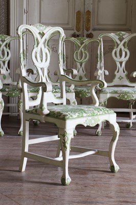 Lot 79 - A set of eight cream and green painted dining armchairs