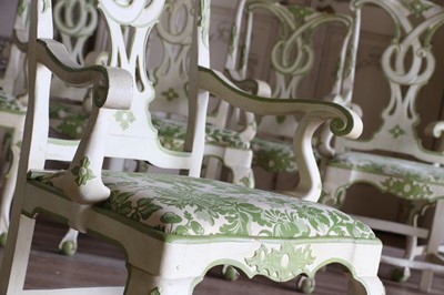 Lot 79 - A set of eight cream and green painted dining armchairs