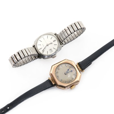 Lot 433 - A ladies' 9ct gold octagonal mechanical strap watch