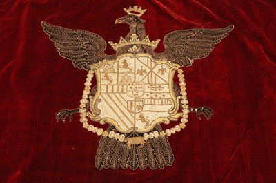 Lot 166 - ☘ A large red velvet and metal thread embroidered armorial hanging