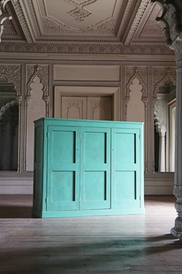 Lot 81 - A large green painted pine housekeeper’s cupboard