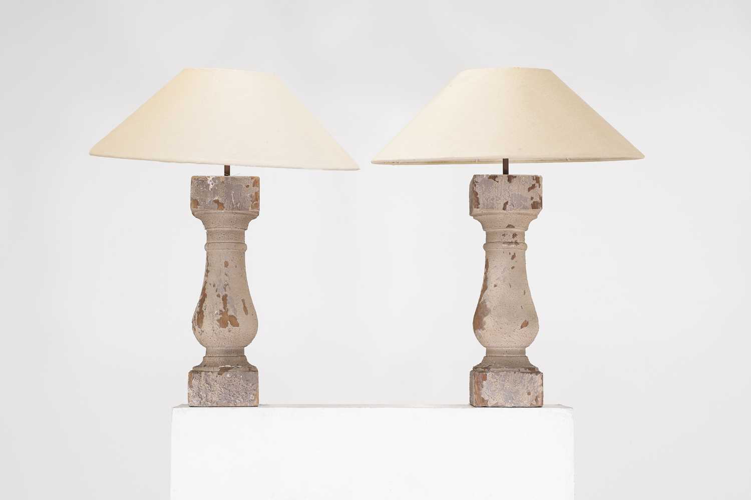 Lot 120 - A pair of painted pine baluster table lamps