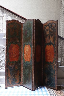 Lot 87 - A four-fold painted leather dressing screen