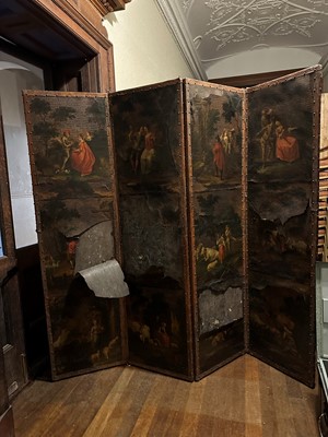 Lot 87 - A four-fold painted leather dressing screen