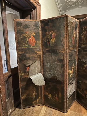 Lot 87 - A four-fold painted leather dressing screen