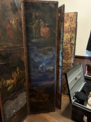 Lot 87 - A four-fold painted leather dressing screen