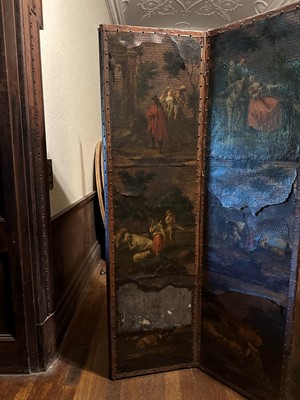 Lot 87 - A four-fold painted leather dressing screen