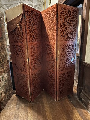 Lot 87 - A four-fold painted leather dressing screen