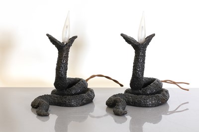 Lot 109 - A pair of French patinated bronze serpent table lamps