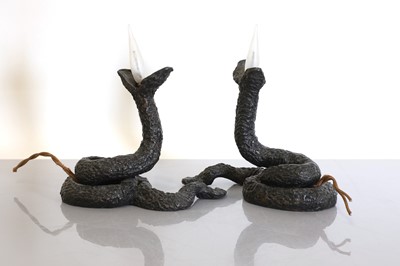 Lot 109 - A pair of French patinated bronze serpent table lamps
