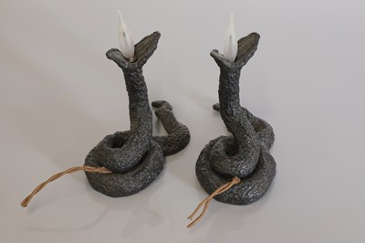 Lot 109 - A pair of French patinated bronze serpent table lamps