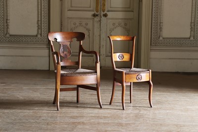 Lot 54 - ☘ A composed set of six Biedermeier walnut dining chairs